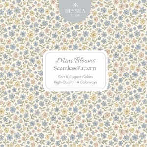 Può includere: Un motivo senza cuciture con uno sfondo color crema ricoperto da minuscoli fiori blu, gialli e rosa. Il design include il testo "Mini Blooms Seamless Pattern" e "Soft & Elegant Colors". Il motivo è adatto a varie applicazioni.