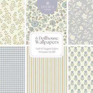 Puede incluir: Seis diseños de papel pintado para casas de muñecas en colores suaves y elegantes. Los diseños incluyen estampados florales, cuadros vichy y rayas en tonos pastel de azul, verde y beige. Adecuado para la decoración de casas en miniatura.