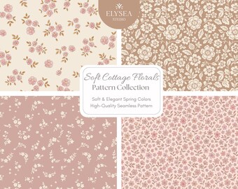 Cottage Floral Pattern Bundle for Fabric and Wallpaper, Pink Vintage Seamless Prints, Shabby Chic Digital Paper Pack