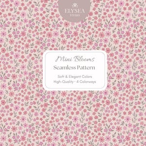 Pode incluir: Um padr&atilde;o floral cont&iacute;nuo com pequenas flores rosa e folhas cinza esverdeadas em um fundo bege claro. A imagem inclui o texto "Mini Blooms Seamless Pattern".