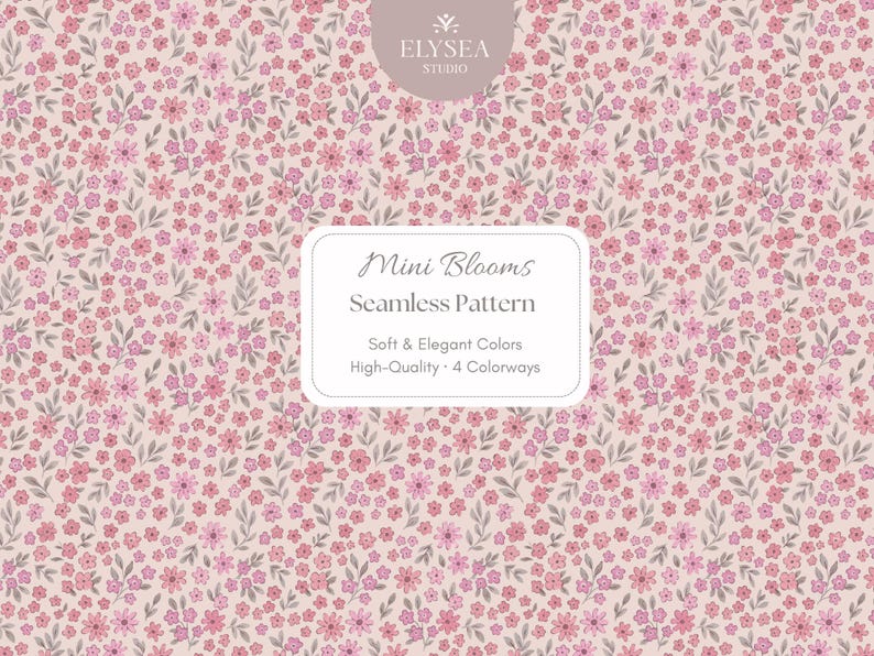 Pode incluir: Um padr&atilde;o floral cont&iacute;nuo com pequenas flores rosa e folhas cinza esverdeadas em um fundo bege claro. A imagem inclui o texto "Mini Blooms Seamless Pattern".