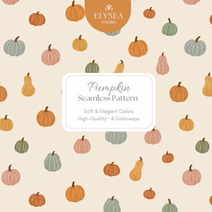Puede incluir: Un patrón sin costuras con calabazas y calabacines en tonos naranja, rosa, verde y amarillo sobre un fondo crema. El diseño incluye el texto "Pumpkin Seamless Pattern" y "Soft & Elegant Colors".