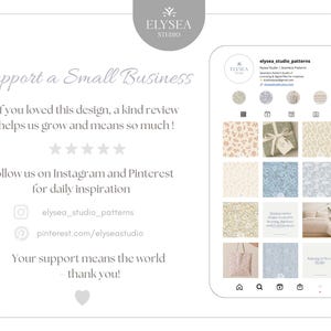 May include: A smartphone screen displaying floral and patterned designs, with the text "elysea studio patterns" and social media handles. The image also includes the text "Support a Small Business" and "Your support means the world - thank you!"