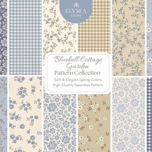 May include: A collection of seamless patterns in soft blue, beige, and white. Floral, gingham, and botanical designs are displayed. The text "Bluebell Cottage Garden Pattern Collection" is visible, along with "Soft & Elegant Spring Colors".