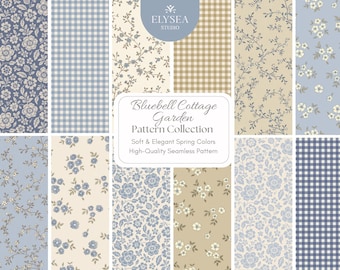 Vintage Blue Floral Seamless Patterns – Classic Gingham & Botanical Digital Papers for Wallpaper, Interiors and Fabric Design