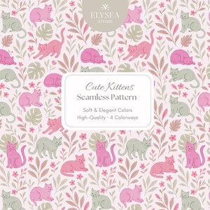 Söta katter sömlösa mönster – Rosa & salviaträdgård – 4 färgvarianter