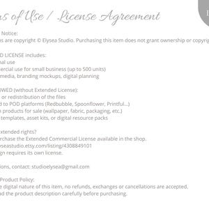 Pode incluir: Um documento branco com o texto "Termos de Uso / Acordo de Licen&ccedil;a" e o logotipo Elysea Studio. O documento descreve a licen&ccedil;a padr&atilde;o, incluindo uso pessoal e comercial para pequenas empresas, e o que n&atilde;o &eacute; permitido.