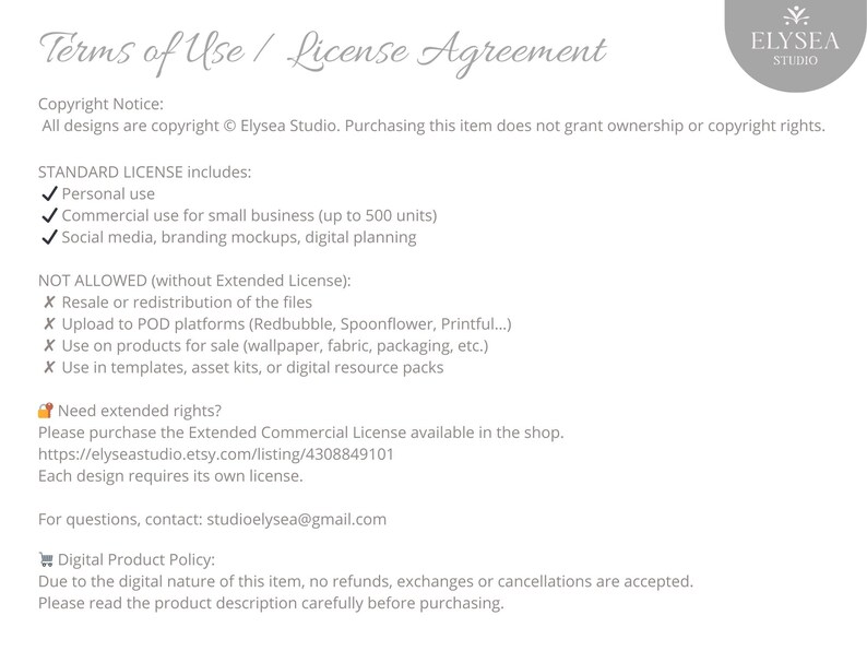 Pode incluir: Um documento branco com o texto "Termos de Uso / Acordo de Licen&ccedil;a" e o logotipo Elysea Studio. O documento descreve a licen&ccedil;a padr&atilde;o, incluindo uso pessoal e comercial para pequenas empresas, e o que n&atilde;o &eacute; permitido.