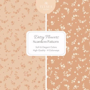Puede incluir: Dos patrones sin costuras con un delicado diseño floral. Pequeñas flores y hojas blancas están dispersas sobre un fondo melocotón y melocotón claro. La imagen incluye el texto "Ditsy Flowers Seamless Pattern."