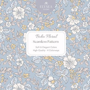 Boho Floral Seamless Pattern • Blue Botanical Design in 4 Pastel Colorways • Vintage-Inspired Digital Paper • Scrapbooking & Fabric Use