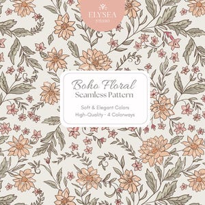 Op de afbeelding: Een naadloos boho bloemenpatroon in zachte perzik-, roze- en groentinten op een crèmekleurige achtergrond. Het ontwerp toont gestileerde bloemen en bladeren. De tekst luidt "Boho Floral Seamless Pattern" en "Soft & Elegant Colors".