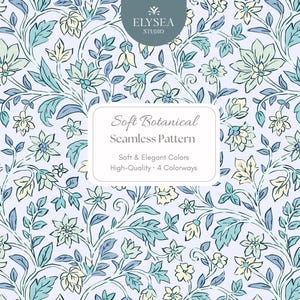 Pode incluir: Um padrão floral contínuo com flores e folhas em tons de azul claro, verde-azulado e creme. O design inclui o texto "Soft Botanical Seamless Pattern" e "Soft & Elegant Colors".