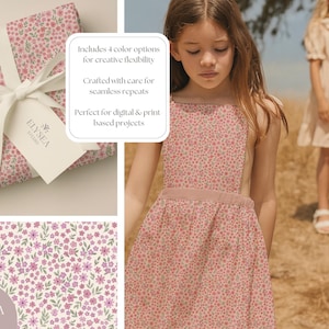 Pode incluir: Uma caixa de presente embrulhada em papel com padr&atilde;o floral com uma fita e etiqueta brancas. Uma menina usa um vestido floral rosa. A imagem tamb&eacute;m mostra um padr&atilde;o floral cont&iacute;nuo e o texto "ELYSEA STUDIO".