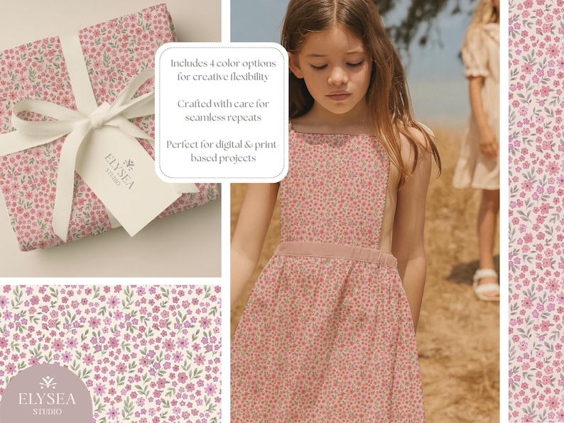 Pode incluir: Uma caixa de presente embrulhada em papel com padr&atilde;o floral com uma fita e etiqueta brancas. Uma menina usa um vestido floral rosa. A imagem tamb&eacute;m mostra um padr&atilde;o floral cont&iacute;nuo e o texto "ELYSEA STUDIO".