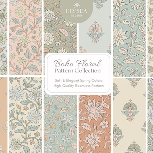 Puede incluir: Colección de patrones florales en colores primaverales suaves. Los diseños presentan flores y follaje estilizados en tonos azules, melocotón y verdes. El texto dice "Boho Floral Pattern Collection".