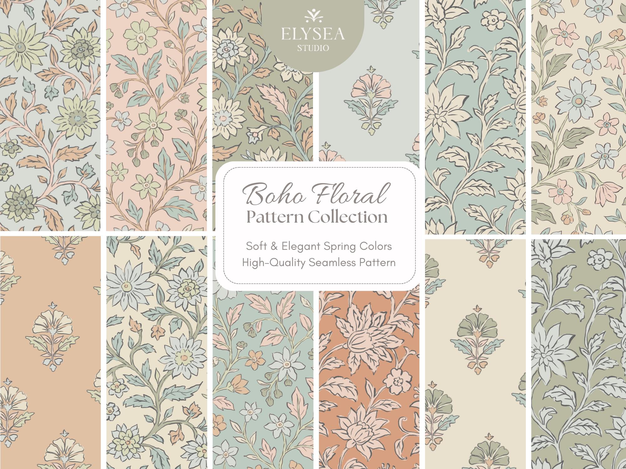 Boho Floral Seamless Pattern Bundle • 12 Digital Tiles • 4 Vintage ...
