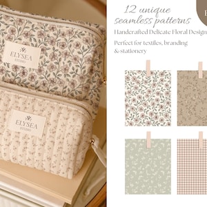 May include: Two cream and mauve floral print cosmetic bags with a matching pattern. The bags have a zip closure and a label that says "ELYSEA STUDIO". The image also shows 4 floral pattern designs.