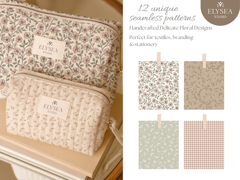 May include: Two cream and mauve floral print cosmetic bags with a matching pattern. The bags have a zip closure and a label that says "ELYSEA STUDIO". The image also shows 4 floral pattern designs.