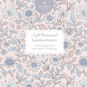 Puede incluir: Un patrón floral sin costuras con flores y hojas blancas, azules y melocotón sobre un fondo rosa claro. El diseño incluye el texto "Soft Botanical Seamless Pattern".