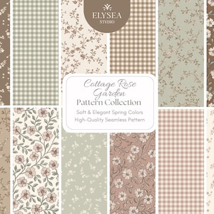 May include: A selection of floral and gingham patterns in gentle, muted shades. The designs feature delicate rose patterns and traditional checks, with the text "Cottage Rose Garden Pattern Collection" and "Soft & Elegant Spring Colors".