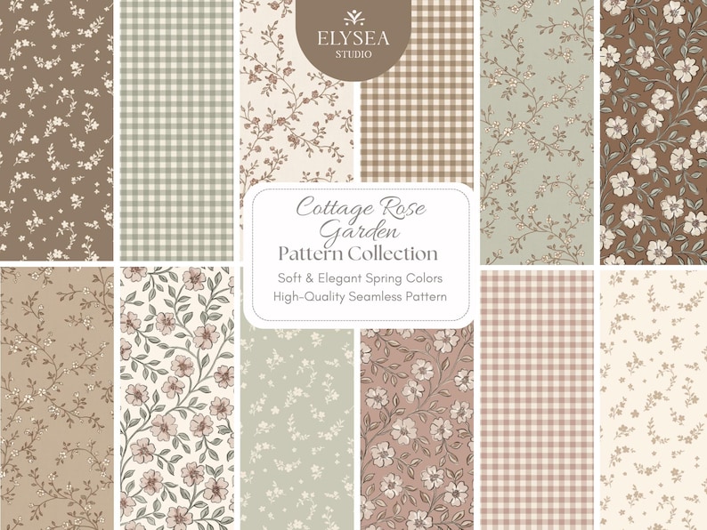 May include: A selection of floral and gingham patterns in gentle, muted shades. The designs feature delicate rose patterns and traditional checks, with the text "Cottage Rose Garden Pattern Collection" and "Soft & Elegant Spring Colors".