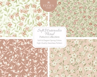 Watercolor Floral Seamless Pattern Bundle for Fabric and Wallpaper, Soft Vintage Botanical Prints, Cottage Style Surface Design Pack