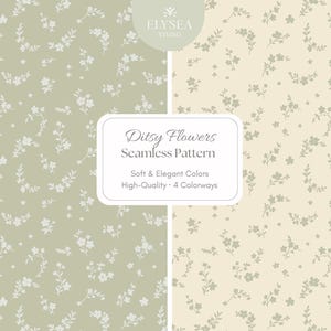 Puede incluir: Diseño de patrón floral sin costuras con pequeñas flores blancas sobre un fondo verde claro y crema. La imagen incluye el texto "Ditsy Flowers Seamless Pattern" y "Soft & Elegant Colors".