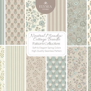 Puede incluir: Una colección de patrones sin costuras en tonos suaves y neutros. Los patrones incluyen diseños florales, a rayas y botánicos, con el texto "Neutral Meadow Cottage Bundle Pattern Collection". Los patrones se describen como suaves, elegantes y de alta calidad.
