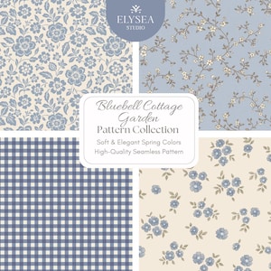 May include: A collection of four seamless patterns in soft blue and cream tones. The patterns include floral designs, a gingham check, and delicate floral branches. The text reads "Bluebell Cottage Garden Pattern Collection".