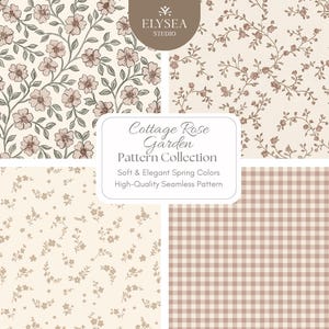 May include: Four seamless patterns with a cottage rose garden theme are displayed. The patterns feature floral designs with pink and beige flowers, and a gingham pattern. The text reads "Cottage Rose Garden Pattern Collection".