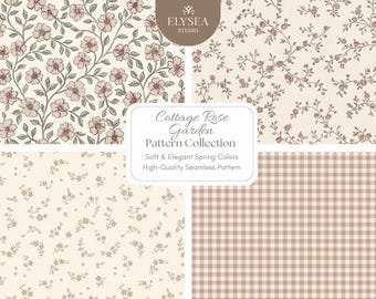 Neutral Cottage Floral Seamless Patterns – Vintage Gingham & Soft Botanical Digital Papers for Fabric and Wallpaper