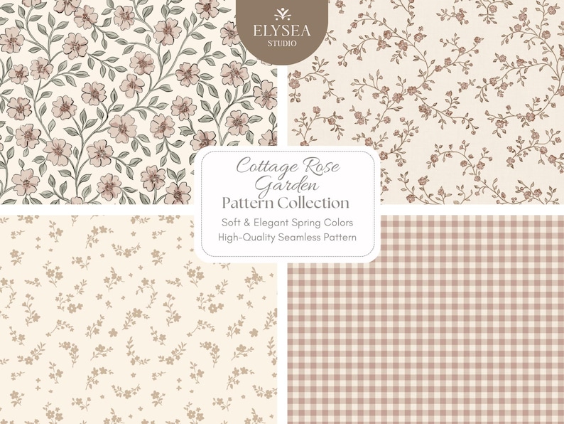 May include: Four seamless patterns with a cottage rose garden theme are displayed. The patterns feature floral designs with pink and beige flowers, and a gingham pattern. The text reads "Cottage Rose Garden Pattern Collection".