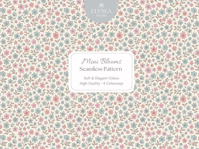 Pu&ograve; includere: Un motivo floreale senza cuciture con minuscoli fiori rosa e blu su sfondo crema. L'immagine include il testo "Mini Blooms Seamless Pattern" e dettagli sui colori e la qualit&agrave;.