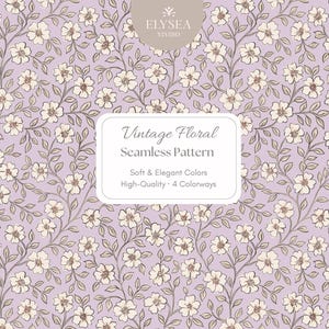 Op de afbeelding: Een naadloos vintage bloemenpatroon in zachte kleuren. Het ontwerp toont crèmekleurige bloemen en groene bladeren op een lichtpaarse achtergrond. De tekst op de afbeelding luidt "Vintage Floral Seamless Pattern".