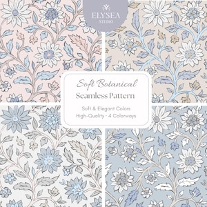 May include: Four seamless botanical patterns in soft colors. Each design features floral and leaf motifs in shades of blue, white, and beige, with a variety of background colors. The text reads "Soft Botanical Seamless Pattern" and "Soft & Elegant Colors".