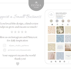 Pode incluir: Uma maquete digital de um smartphone exibindo um perfil do Instagram com v&aacute;rios designs florais e estampados. O texto incentiva avalia&ccedil;&otilde;es e apoio a pequenas empresas. O perfil &eacute; para Elysea Studio.