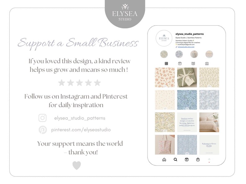 Pode incluir: Uma maquete digital de um smartphone exibindo um perfil do Instagram com v&aacute;rios designs florais e estampados. O texto incentiva avalia&ccedil;&otilde;es e apoio a pequenas empresas. O perfil &eacute; para Elysea Studio.