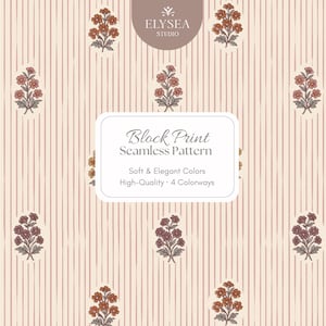 May include: A seamless block print pattern featuring vertical stripes in a light peach color. The design includes repeating floral motifs in shades of brown, rust, and cream. The text on the image reads "Block Print Seamless Pattern".