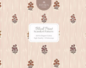 Block Print Floral Seamless Pattern • Vintage Botanical Repeat • 4 Colorways • Autumn Fabric Wallpaper Wrapping Paper