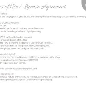 May include: A white document detailing terms of use and license agreement. The text includes copyright information, standard license inclusions, and restrictions. The Elysea Studio logo is visible in the top right corner.