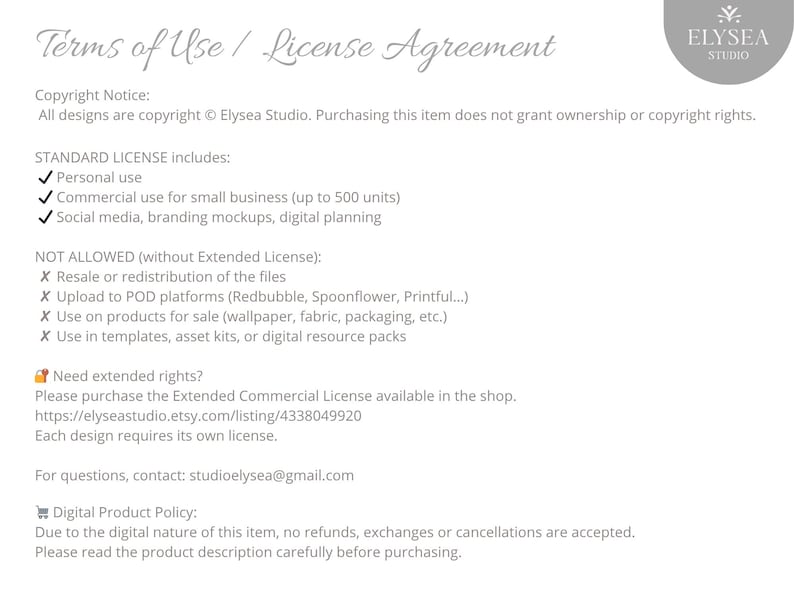 May include: A white document detailing terms of use and license agreement. The text includes copyright information, standard license inclusions, and restrictions. The Elysea Studio logo is visible in the top right corner.