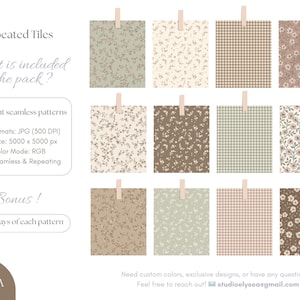 May include: Twelve digital seamless tile designs, each clipped with a wooden clothes peg. The patterns include floral, gingham, and solid colours in shades of green, brown, and pink. Text on the left describes the file formats and bonus colourways.