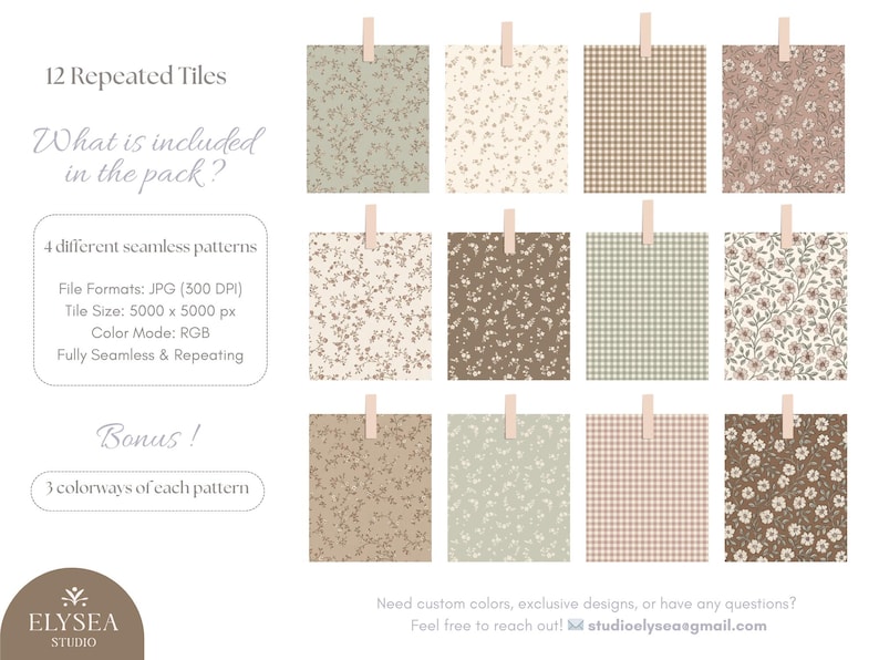 May include: Twelve digital seamless tile designs, each clipped with a wooden clothes peg. The patterns include floral, gingham, and solid colours in shades of green, brown, and pink. Text on the left describes the file formats and bonus colourways.