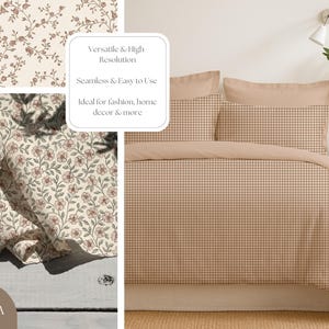 May include: A beige and white checked bedding set, with matching pillowcases and a duvet cover. The image includes fabric swatches with floral designs and the text "Versatile & High Resolution, Seamless & Easy to Use, Ideal for fashion, home decor & more."