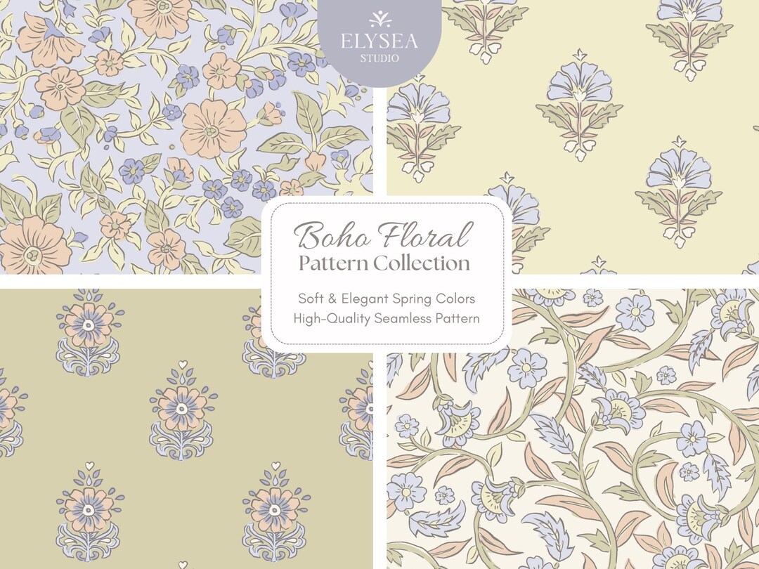 Boho Floral Seamless Pattern Bundle for Fabric and Wallpaper, Vintage ...
