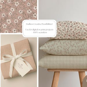 May include: Image featuring floral and gingham patterns in muted colours. Pillows with floral designs are stacked on a wooden stool. A wrapped gift box with a bow and tag is also present. The text reads "Endless Creative Possibilities!" and "Use for digital or print projects - 100% seamless."
