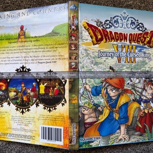 May include: A Dragon Quest VIII Journey of the Cursed King video game case featuring a colorful illustrated front cover with characters, a spine with icons, and a back cover with game screenshots, descriptive text, and a barcode.