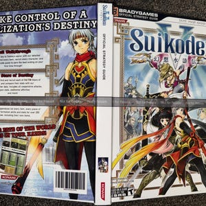 May include: A Suikoden V official strategy guide by BradyGames featuring a wrap-around cover with anime-style character illustrations, the title Suikoden V, Konami branding, and text including Take Control of a Civilization's Destiny.