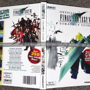 May include: Official Final Fantasy VII Strategy Guide by BradyGames. The white cover features character illustrations, a large sword-wielding figure, and text detailing game coverage, including over 350 full-color maps and exclusive artwork.