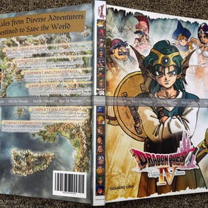 May include: A Dragon Quest IV: Chapters of the Chosen game guide. The cover features a central character with green hair and a gold crown, holding a sword and shield. The guide includes text such as "Five Tales from Diverse Adventurers Destined to Save the World."
